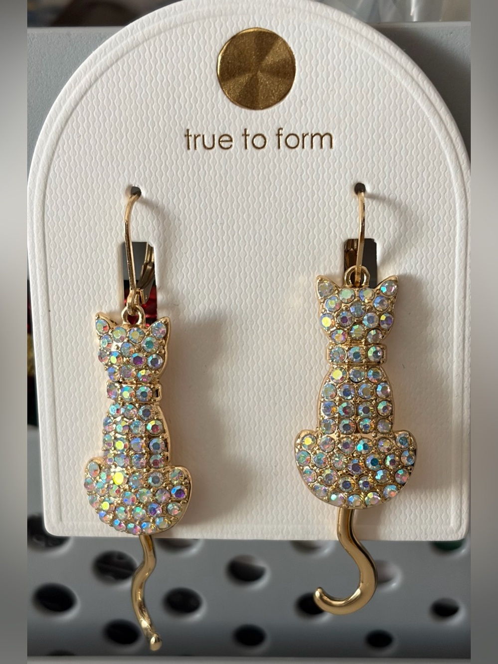 True to Form Gold Cat-Shaped Crystal Dangle Earrings - Iridescent